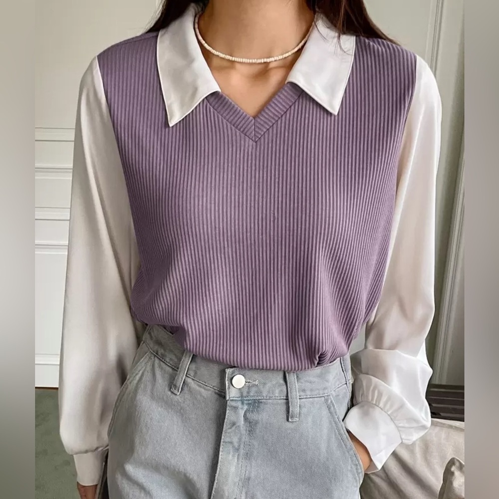 DAZY Color Block Long Sleeve Blouse Business Casual, Autumn